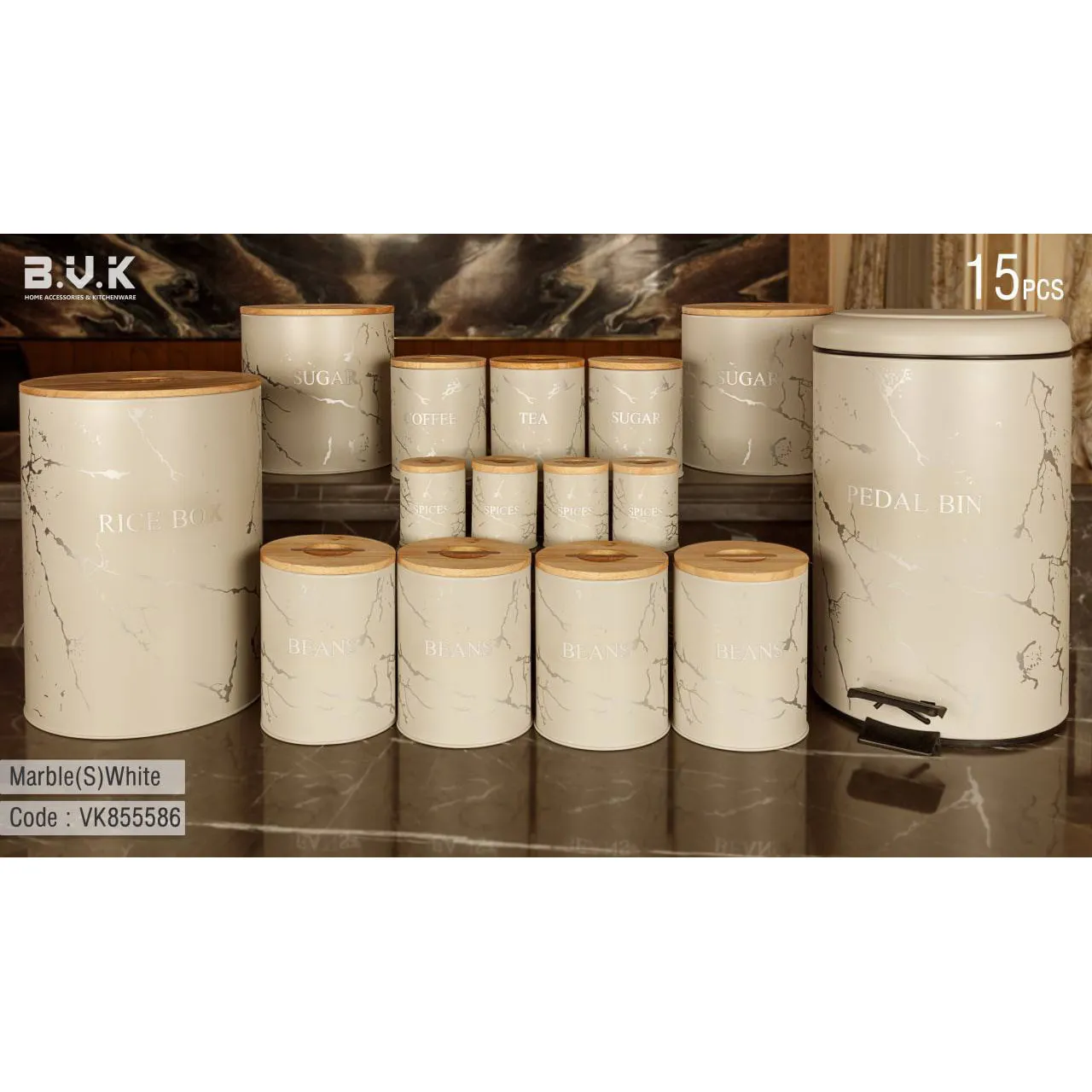 سرویس آشپزخانه 15 پارچه بی وی کی درب چوب مدل Marble
